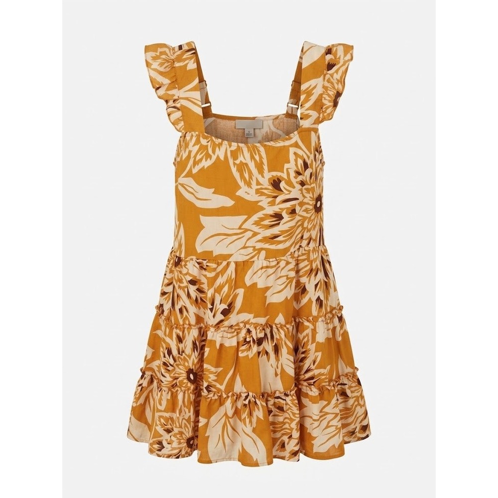 Band of the Free Dress Womens M Mustard Floral Tiered Boho Mini Ruffle Strap